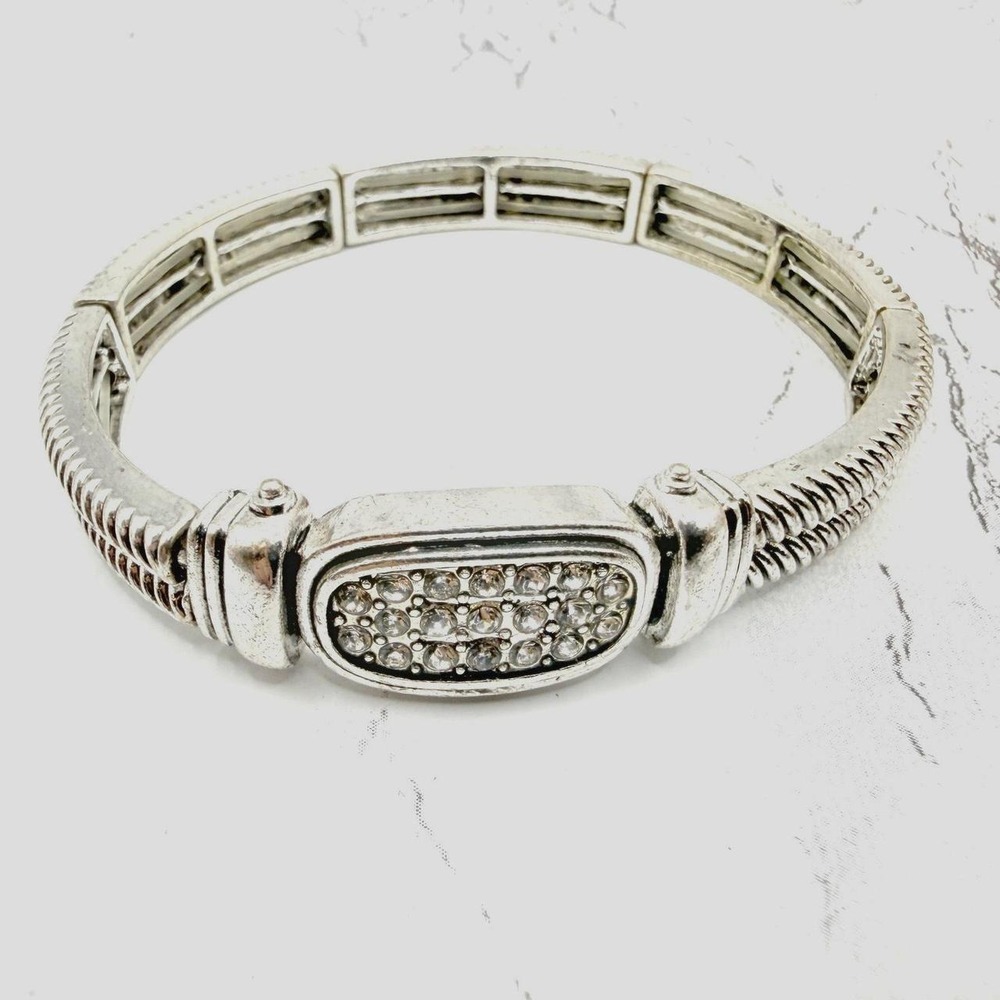 Silver Tone Rhinestone Oval Stretch Bracelet Expansion Link 7 Inch